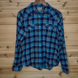 Wrangler Wrancher Snap Front Plaid Western Flannel Shirt Blue and Teal XL